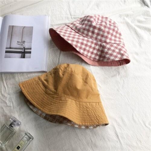 Casual Double-faced Plaid Bucket Hats Korean Version of Summer Lovely Sunshade Sunscreen Fisherman Hat Dome Basin Hat