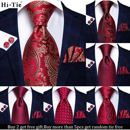 Hi-Tie Burgundy Paisley Solid Silk Wedding Tie For Men New Design Mens Necktie Hanky Cufflinks Set Business Party Dropshipping