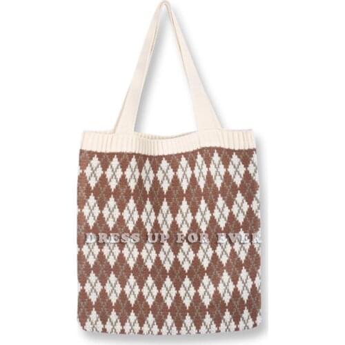 Preppy Style Woolen Knitting Jacquard Weave Bags Plaid Pattern Vintage Chic Female Big Capacity Tote Shoulder Bag Womens Wallet