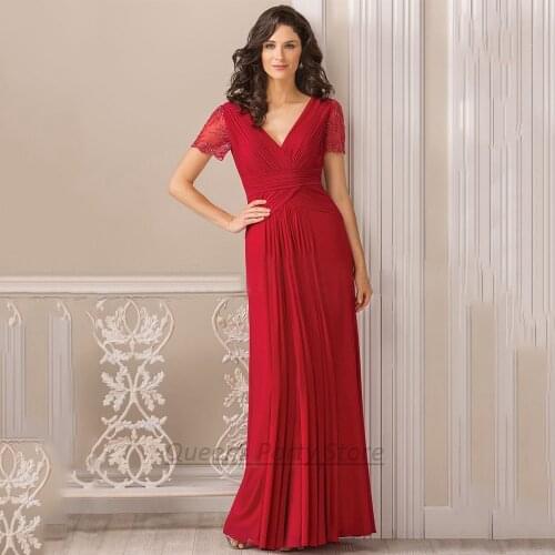 Elegant Red Mother Wedding Guest Gowns V Neck Short Sleeves Ruched Pleat A Line Chiffon Mother Of The Bride Dress Floor Length