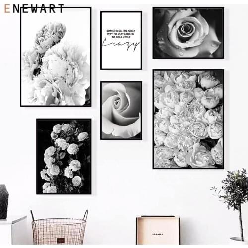 Modern Minimalist Black White Painting Art Rose Floral Wall Decorative Picture Life Quote Print Poster for Living Room Decor