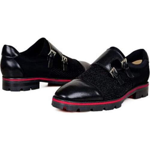 Square Heel Casual Shoes Round Toe Slip on Buckle Belts Red Strap Male Loafers Bling Cloth Breathable Men Oxfords Zapatos Hombre