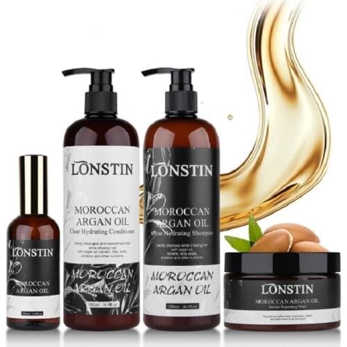 Hair Care 4pcs Lonstin 500ml Profissional Natural Shampoo and Deep Conditioner+300ml Argan Oil For Hair Mask+100ml Argan Oil