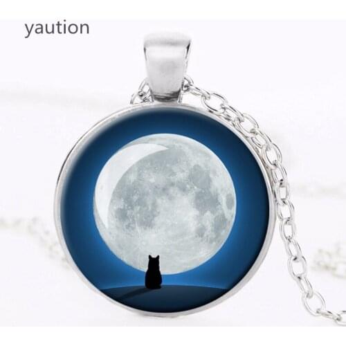 Unique Tradition Black Cat Necklace Glass Cabochon Image Pendant Silver Bronze Chain Animal Statement Necklace Jewelry