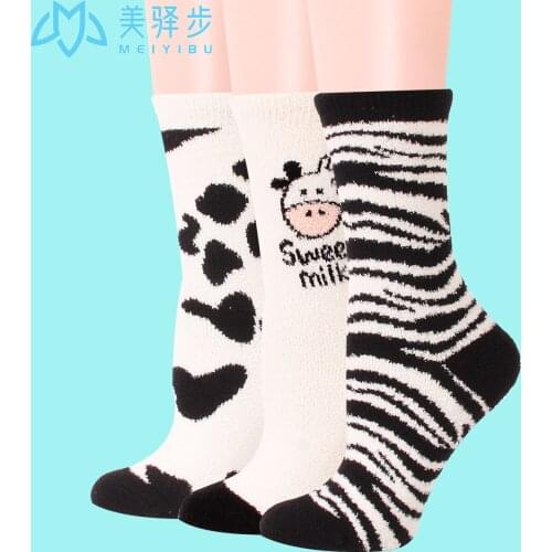 Thickened lovely striped womens socks in winter, coral fleece, warm home sleeping socks, cow white womens socks