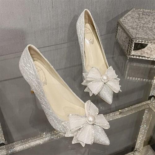 Spring butterfly sequins stiletto high heel bridal wedding shoes banquet dress large size small size pointed toe womens shoes