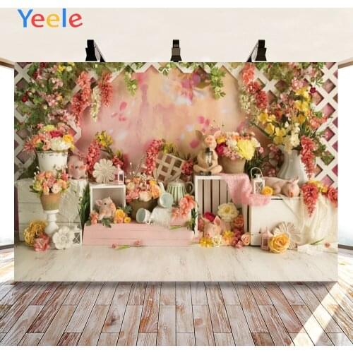 Yeele Baby Shower Backdrops Banner Flower White Wood Floor Box Toy Pig Background Vinyl Photophone Photo Studio for Decoration