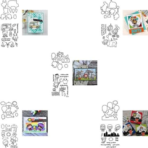 Cutting Dies with Clear Stamps Brave Friends Rainy Umbrella Ice-cream Car Happy Day DIY Scrapbooking Craft Embossing Dies Cut