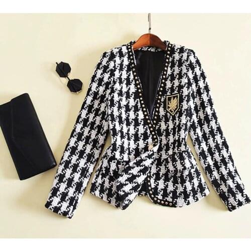 HIGH STREET New Fashion 2021 Designer Jacket Womens Rivet Single Button Embroidery Symbol Houndstooth Tweed Jacket