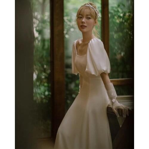Women Elegant Square Neck Long Dress Sexy Puffy Sleeve Prom Wedding Dress Fashion Party Gown Plus Size XS-3XL