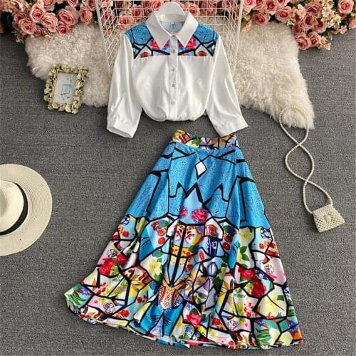 Women Printed Shirts Dress Suit Spring Summer Loose Casual Blouses Midi Skirt Two Pieces Set Fashion Sundress Female Clothing