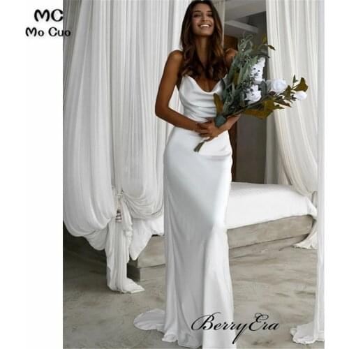 Beach New Womens Wedding Dress Spaghetti Straps Elastic Satin Vestidos de novia Bridal Dress Wedding Gown
