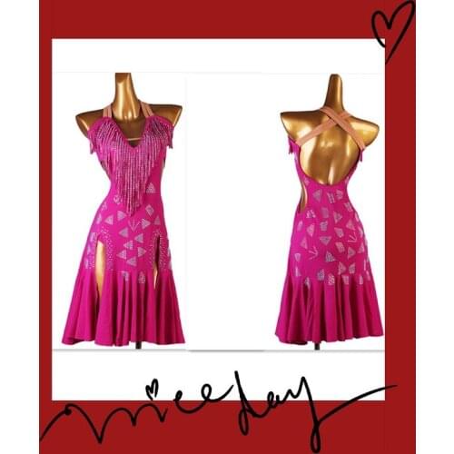Women Latin Dance Dress Ladies red fringe tassel latin dress split Tango Dress Rumba ChaCha Latin competition dress lq229
