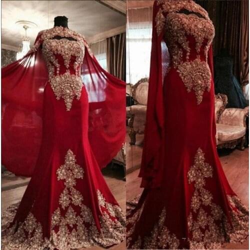 Prom Dresses 2019 Crystal Bead Lace Mermaid Strapless Arabic Dubai Evening Gowns with Cape Luxury Red Carpet Party prom Dress