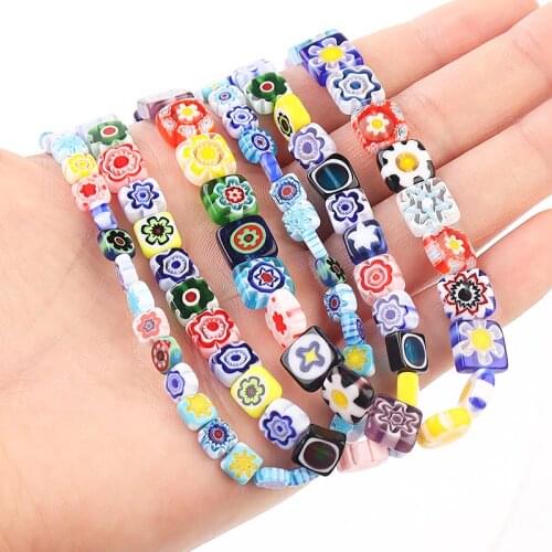 6 8 10mm Square Millefiori Flower Lampwork Glass Beads Oblate Loose Spacer Beads for Jewelry Making Crafts Beacelet DIY Necklace