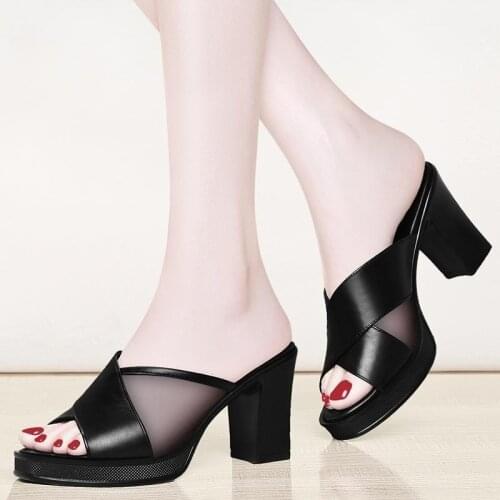 21 High-quality Really Soft Leather High-heeled Mesh Fish Mouth Non-slip Sandals and Slippers Korean Fashion High-heeled Sandals