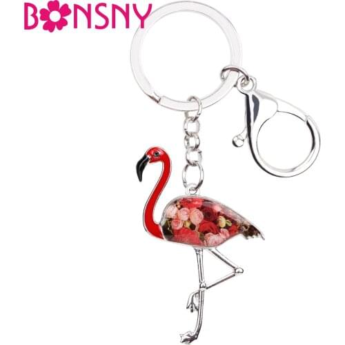 Bonsny Metal Flamingo Bird Key Chain Key Ring Handbag Bag Charm Enamel Keychain Accessories New Fashion Jewelry For Women