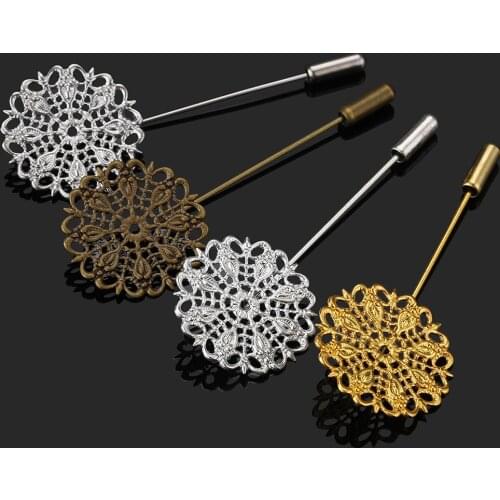 5pcs 25mm Brooch Filigree Flower Pin Base Boutonniere Hollow Out Stick Base Setting Lapel Brooch for Wedding Jewelry Making DIY