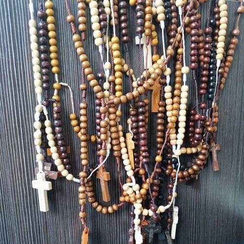 10Pcs Hot 4-6-8MM Wooden Beads Rosary Cross Pendant Necklace For Women Men Catholic Christian Religious Jesus INRI Retro Jewelry