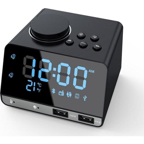 LED Digital Dual Alarm Mirror Clock bluetooth Bass Speaker FM Radio 2 USB Charger Ports Music Player Snooze Temperature