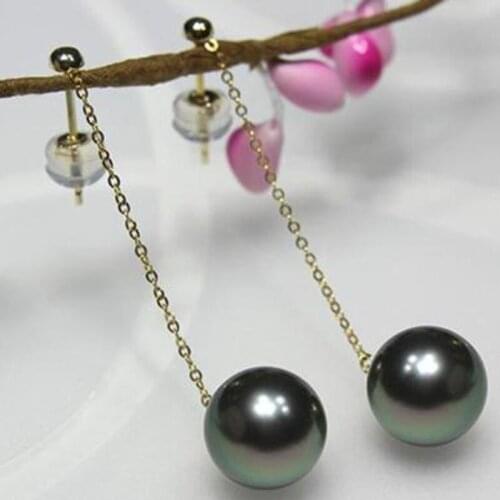 Elegant paif of 10-11mm black green Tahitian round pearl earring 18k