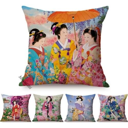 Elegant Japan Woman Portrait Sexy Goddess Ethnic Tradition Watercolor Artwork Decorative Sofa Pillow Case Cushion Cover Cojines