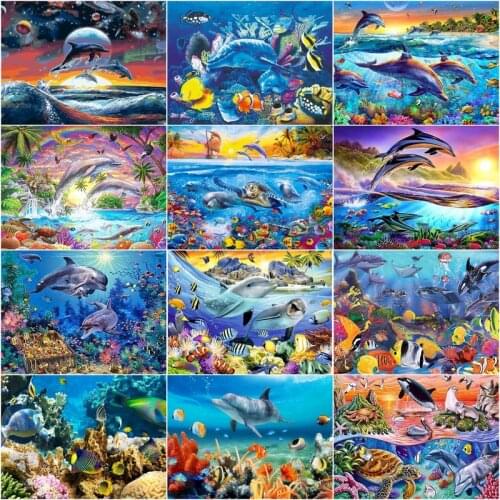 GATYZTORY Painting By Numbers Dolphin Underwater World Animals Draw By Number On Canvas Framed HandPaint Kits Wall Art Decor