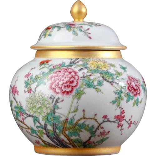Jingdezhen ceramic tea pot tea jar small enamel painted golden antique tea storage tank with lid