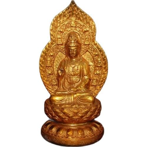 Chinese old craft Pure copper golden backlight Guanyin decoration Statue