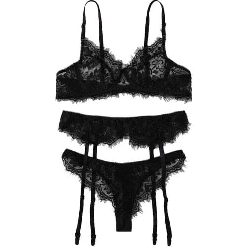 Womens Sexy Lace Babydoll Strap Bralette Bra and Panty Garter Belt Lingerie Set Push Up See Through Mesh Underwear Set