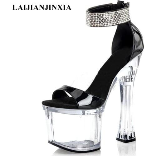 LAIJIANJINXIA New Sexy Fetish Sandal Elegant Patent leather Rhinestone Womens Sandals 7 inches Super High Heeled Shoes
