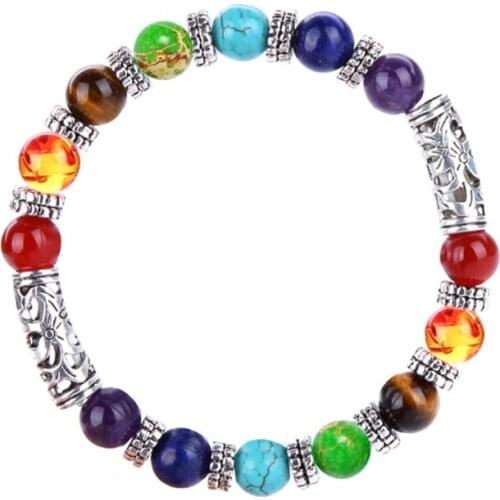 Trendy Silver Plated 7 Colors Quartz Stone Round Beads Elastic Bracelet Healing Chakra Jewelry