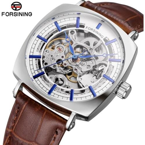 Forsining Top Brand Classic Golden Luxury Skeleton Mechanical Clock Waterproof Black Genuine Leather Mens Wrist Watches Male