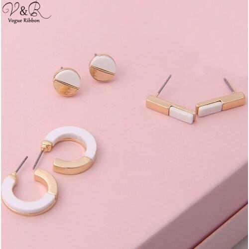 Earring Set With 3 Pairs By Metal With White Acrylic Board, Round Shape/ Rectangle/ C-hoop 2019 Simple Set
