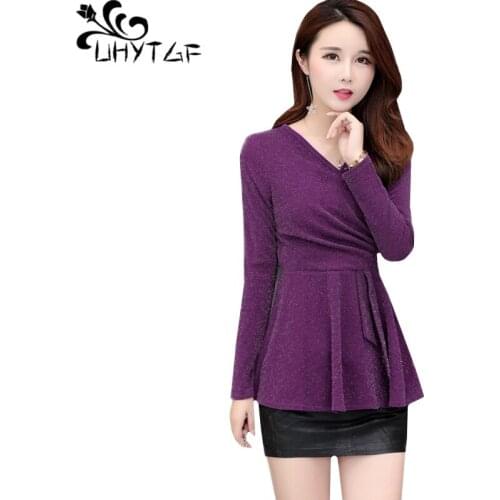 UHYTGF New Hot sale Spring autumn top Female fashion V-neck short tshirt women Long sleeve Slim Korean ladies plus size top 340