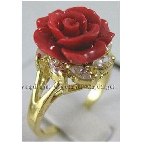 Charming!Hand Carved Red Coral Flower Ring size: 6 7 8 9