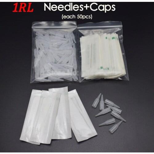 New 1R (needles + tips each 50pcs ) Disposable Tattoo Needles Sterilized Permanent Makeup Machine Eyebrow Needles With Tips Caps