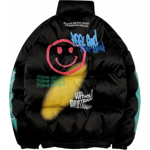 High Street Thick Jacket Parka Men Graffiti Smiley Print Padded Jacket Coat Winter Stand-up Collar Casual Warm Outwear Couple