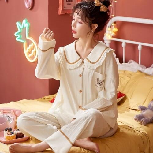 Pajamas for Women Pure Cotton Pajama Set Long-sleeved Autumn Spring Leisurewear Suit Falbala Two Peice Nightgown Plus Size 3xl