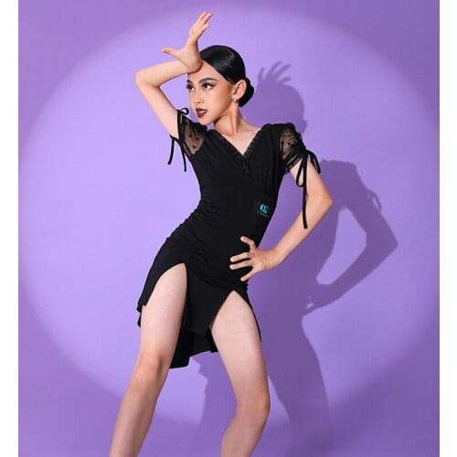New Latin Dance Performance Clothes For Girls Lace Sleeve Backless Black Practice Dress Modern Ballroom Dance Clothing DWY5934