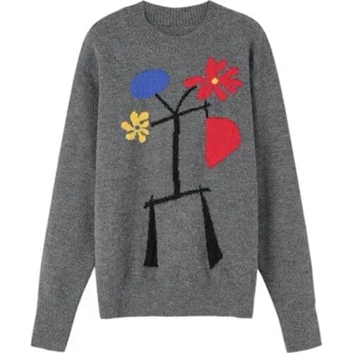 Autumn Winter Leisure Round Neck Long-sleeved Pullover Retro Floral Jacquard Beige Sweater Brushed Pullover 2021 New