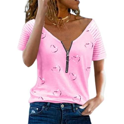 Plus Size Summer Women T-shirt Casual Short Sleeve Zipper Sexy V Neck Striped Heart Print Loose Top Work Fashion Tees