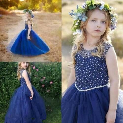 Real Image Navy Blue Jewel Crystal Beads Flower Girl Dress for Wedding Child Birthday Party Pageant Gowns Kids Cosplay Wears