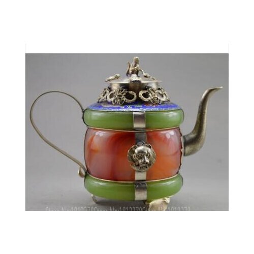 Rare Collectible Decorated Old Handwork Jade & Tibet Silver Carved Dragon Tea Pot Collectible Tibetan Silver Bronze decoration