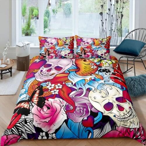 Home Textiles Luxury 3D Flower Skull Print Duvet Cover Set 2/3 Pcs Pillowcase Kids Bedding Set AU/EU/UK/US Queen and King Size