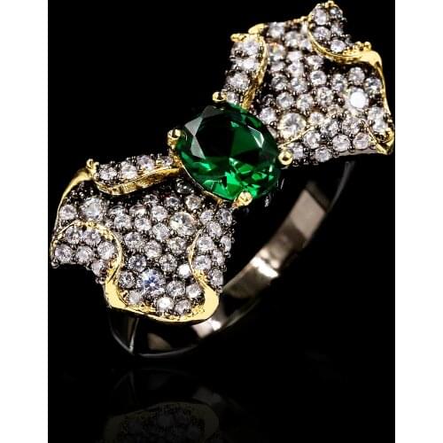 925 Sterling Silver Luxury Ladies Emerald Bow Shape Ring Full Diamond Zircon Creative Black Gold Ring Ladies Wedding Jewelry