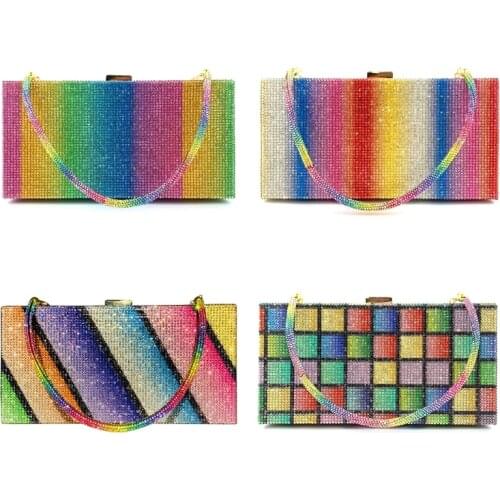 Rhinestone Colorful Rainbow Evening Shoulder Bag for Wedding Wedding Party Prom Bride Luxury Crystal Clutch