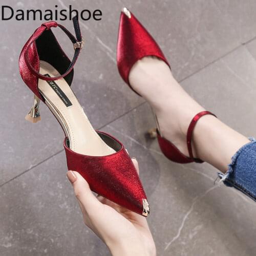 Shoes for Wedding Women Hollow High Heel Shoes with Buckle, All-Matching Metal Pointed Toe Stiletto Sexy Wine Red Pumps Heels