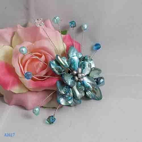 Unique Pearls jewellery Store,Handmade Natural Freshwate Pearl Real Shell Crystal Beads Brooch,Blue Color Flower Brooches