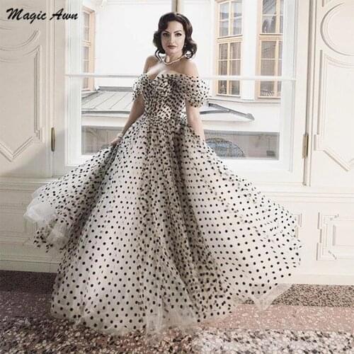 Magic Awn Vintage Prom Dresses Off The Shoulder Polka Dots Tulle Ankle-Length Ruched Midi Party Dresses Plus Size Evening Wear